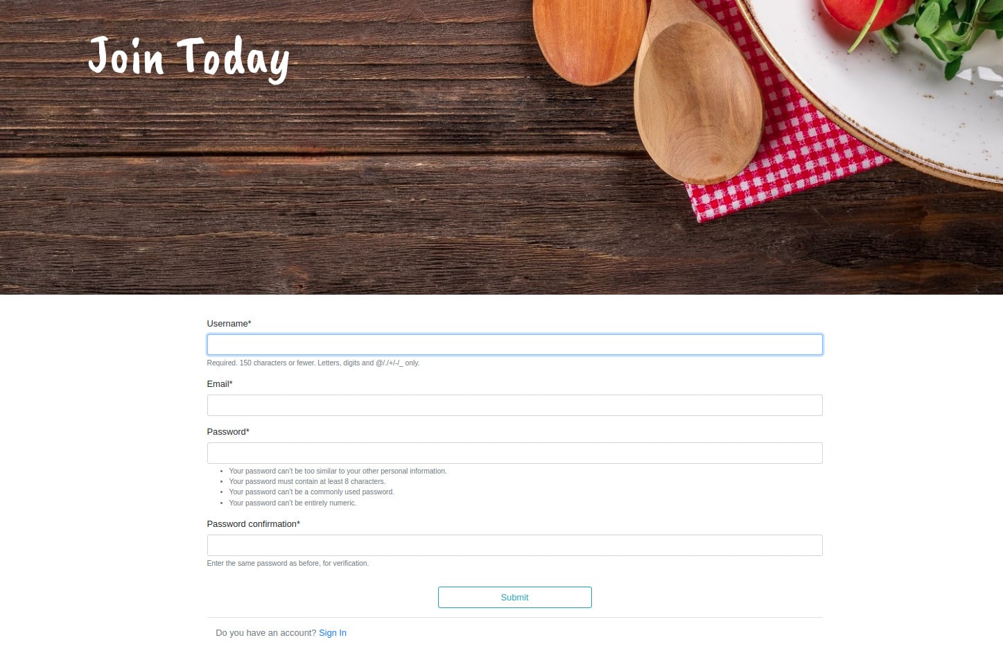 Registration page of Flip Food application